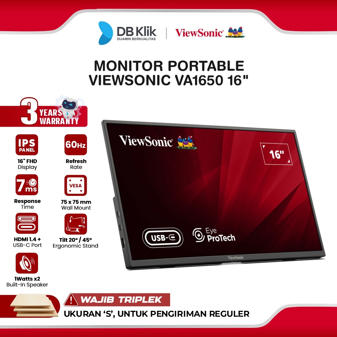 VIEWSONIC VA1650 LED Monitor Portable 16" IPS FHD 60Hz 7ms Built In Speaker HDMI USB-C