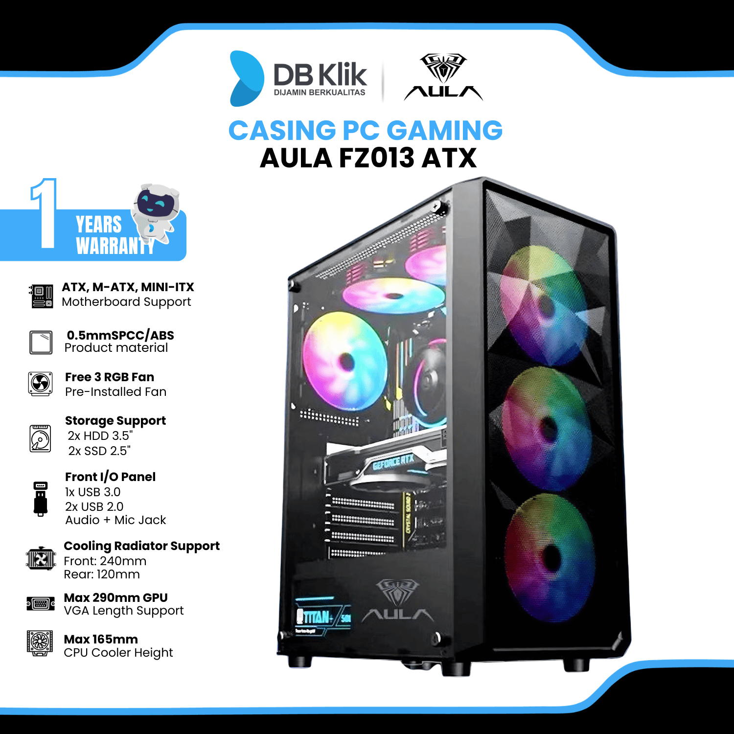 Casing PC AULA FZ013 ATX (Pre-Installed 3 RGB Fan)