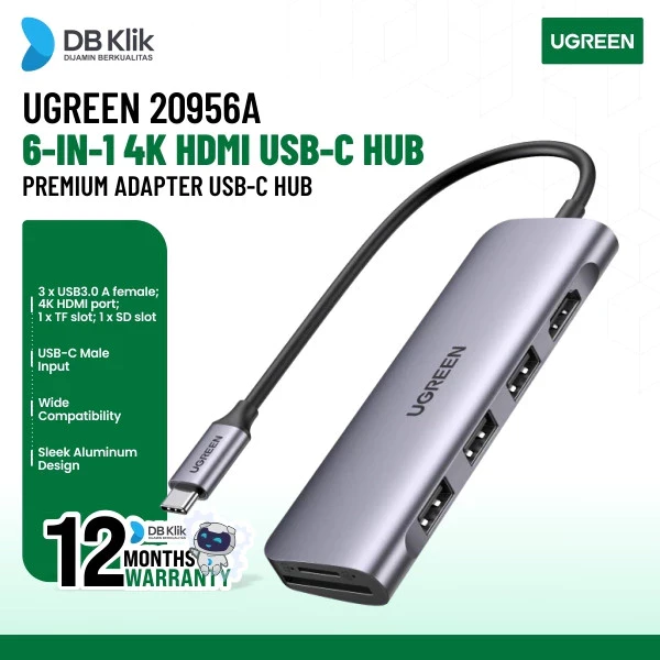 Adapter USB Hub UGreen 6 in 1 USB C to HDMI USB A Card Reader (20956A)