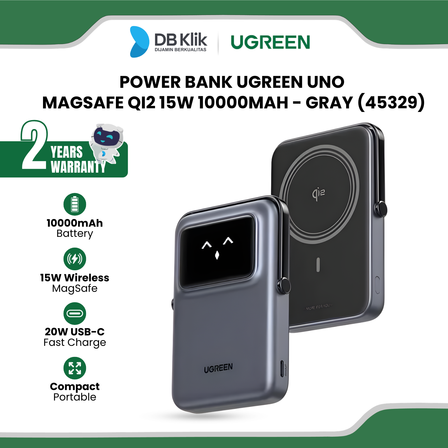 Power Bank UGreen UNO MagSafe QI2 15W 10000mAh - Gray (45329)