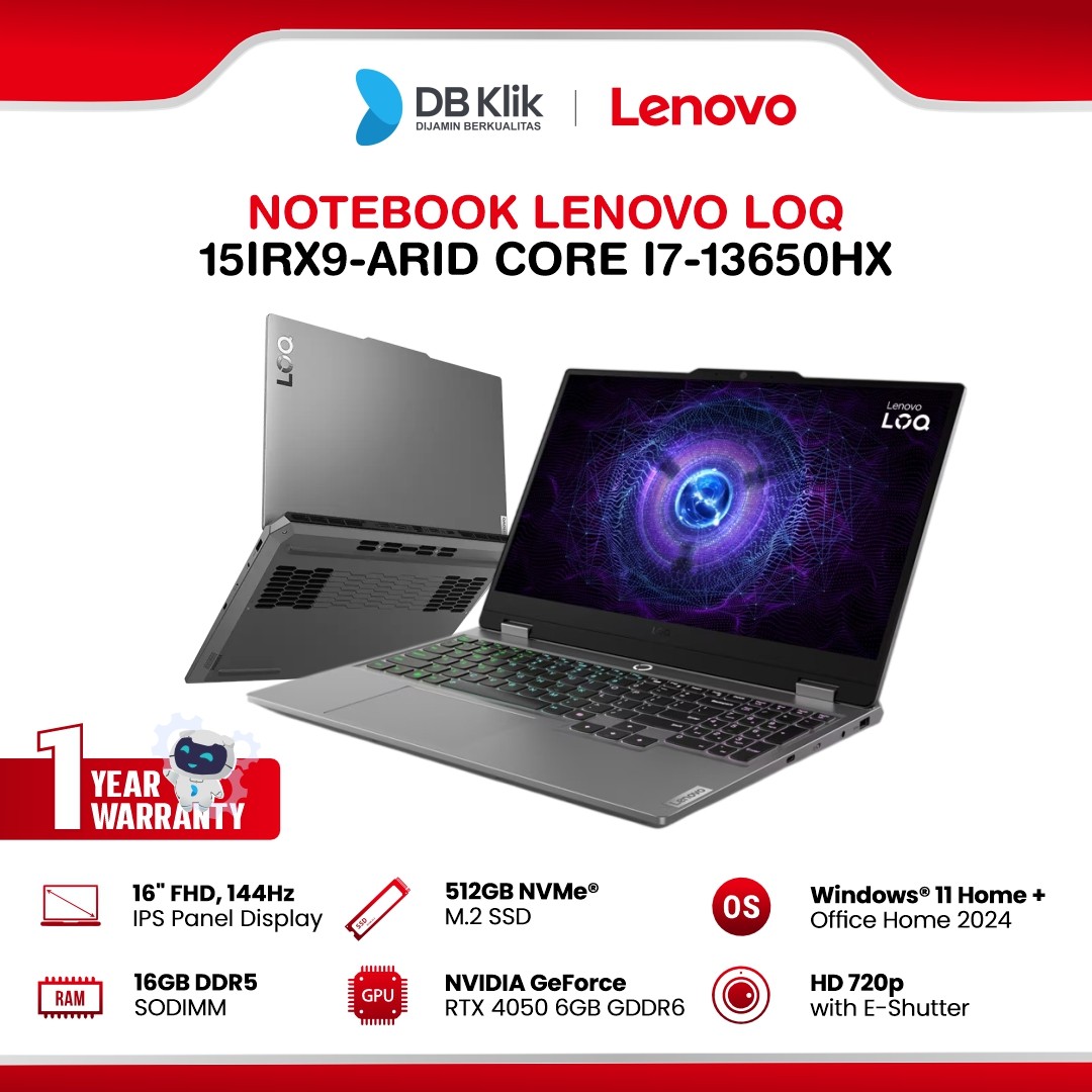 Notebook Lenovo LOQ 15IRX9-ARID INTEL Core i7-13650HX 16GB DDR5/512GB M.2 NVMe RTX 4050 6GB Windows 11 Home + Microsoft Office Home Student 2024 16" FHD IPS 144Hz - Luna Grey