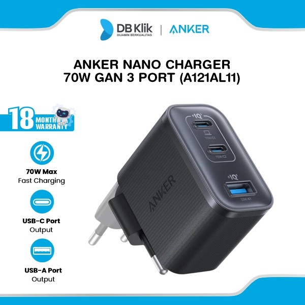 Anker Nano Charger 70W GaN 3 Port - Black (A121AL11)