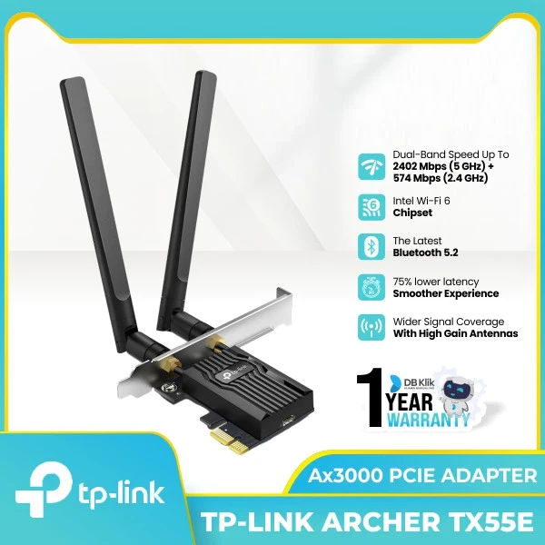 PCIe Adapter TP-Link Archer TX55E AX3000 DualBand Wifi 6 Bluetooth 5.2