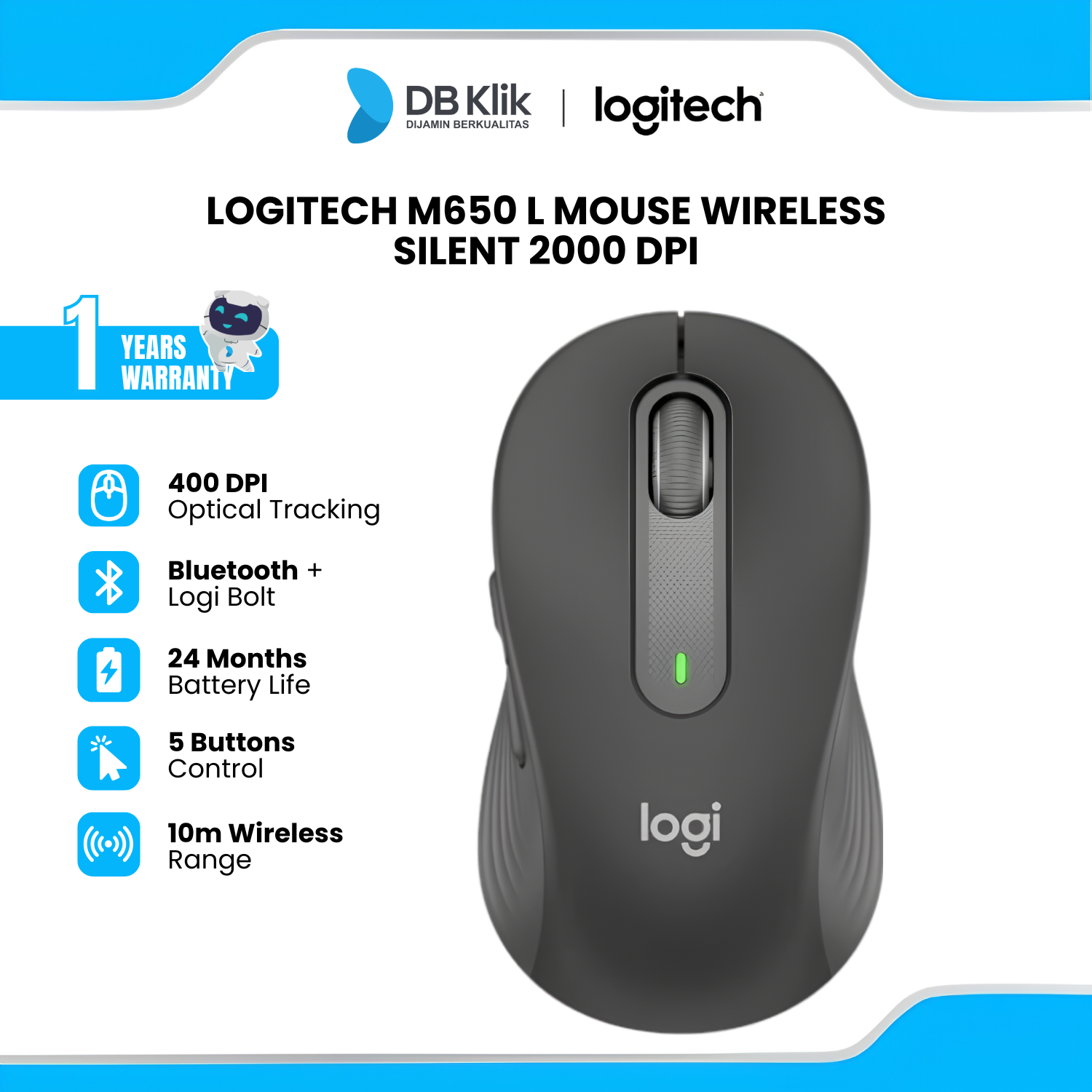 Mouse Logitech M650 L Signature Wireless and Bluetooth 2000DPI