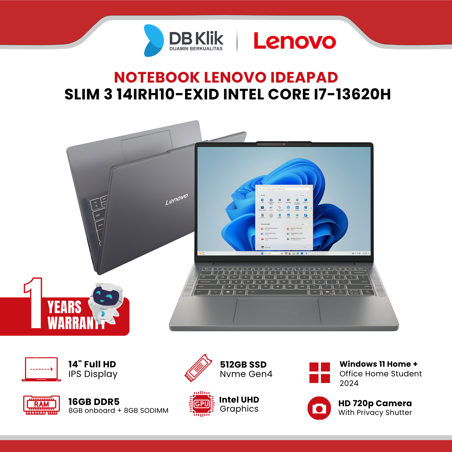Notebook LENOVO Ideapad Slim 3 14IRH10-EXID INTEL Core i7-13620H 16GB DDR5/512GB M.2 NVMe INTEL UHD Windows 11 Home + Microsoft Office Home Student 2024 14" FHD - Luna Grey