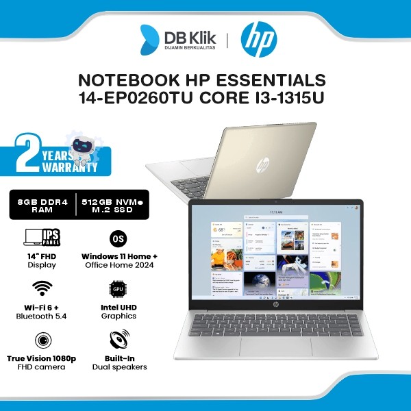 Notebook HP Essentials 14-EP0260TU INTEL Core i3-1315U 8GB DDR4/512GB M.2 NVMe INTEL UHD Windows 11 Home + Microsoft Office Home Student 2024 14" IPS FHD - Warm Gold