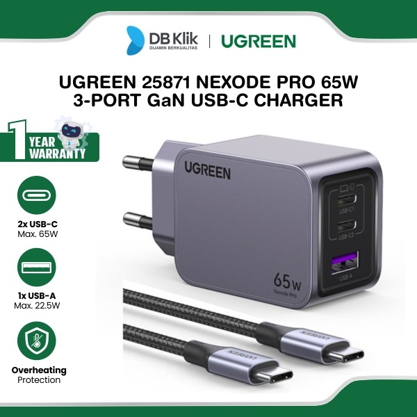 GAN Charger UGreen Nexode 65W PRO + Kabel Usb C- Gray (25871)