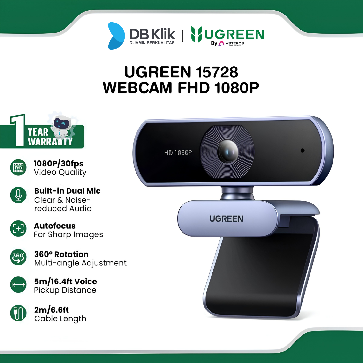 Webcam UGreen Fhd 1080P 30FPS Omnidirectional Mics (15728)