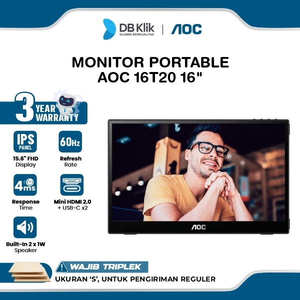 Monitor Portable AOC 16T20 16" FHD IPS 60Hz 4ms Built in Speaker Mini HDMI USB-C