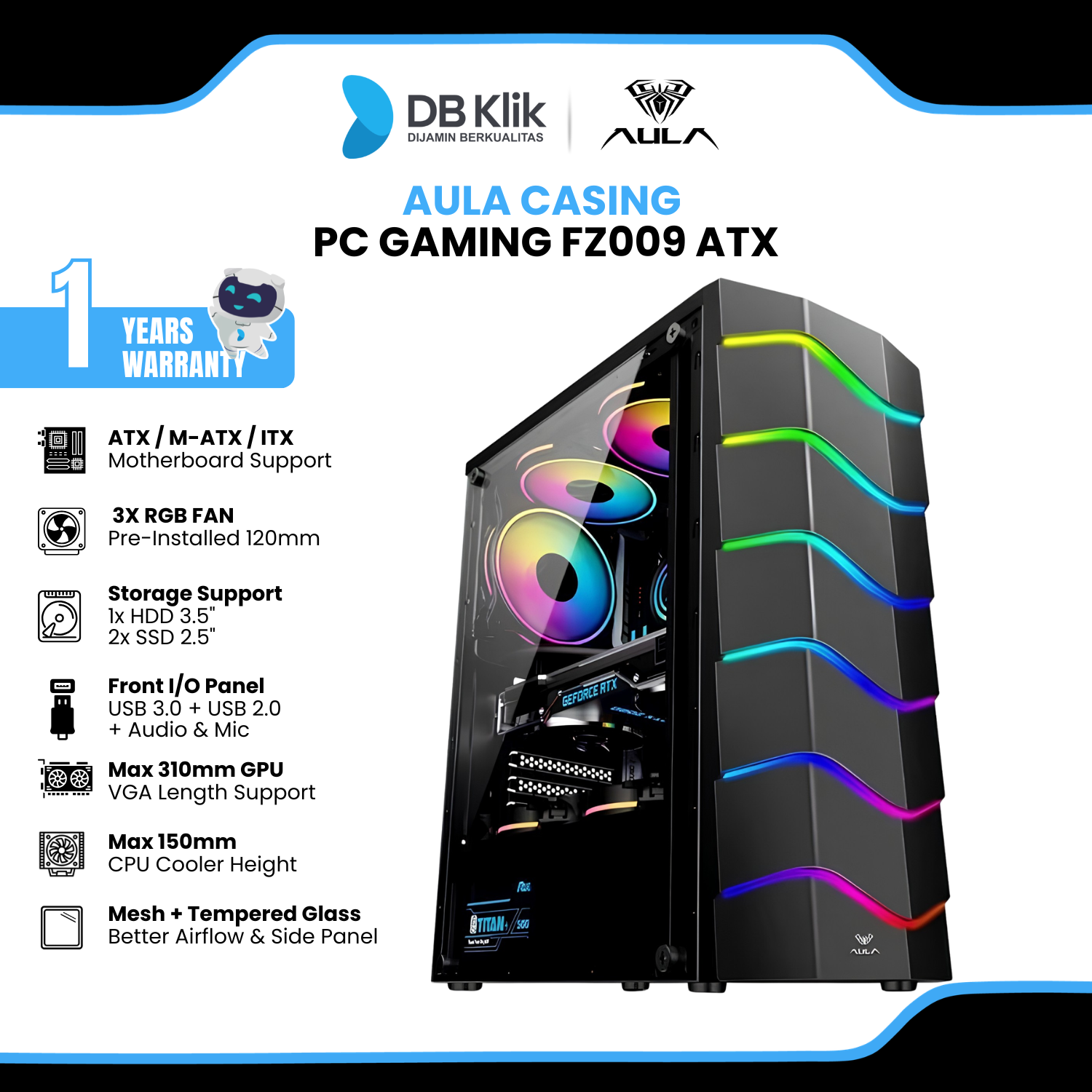 Casing PC AULA FZ009 ATX (Pre-Installed 3 RGB Fan)