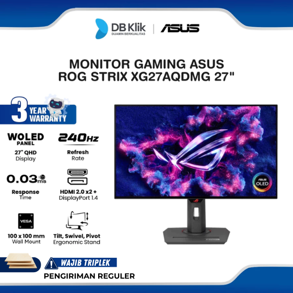 Monitor Gaming ASUS ROG Strix XG27AQDMG 27" WOLED 2K QHD 240Hz 0.3ms AMD FreeSync + NVIDIA G-Sync HDR10 Full Ergonomic Stand HDMI DP