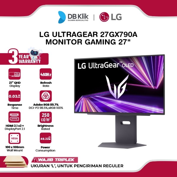 LG UltraGear 27GX790A Monitor Gaming 27" OLED 2K QHD 480Hz 0.3ms AMD FreeSync Premium Pro + NVIDIA G-Sync HDR10 Full Ergonomic Stand HDMI DP