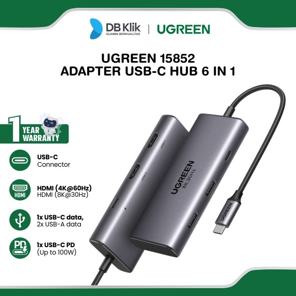 Multiport Adapter UGreen Hub 6 IN 1 Usb C to Dual Hdmi, 1 Usb-C PD, 1 Usb-C, 2 Usb-A (15852)