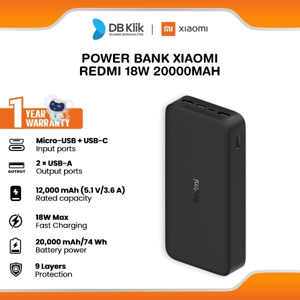 Power Bank Xiaomi Redmi 18W Fast Charge 20000mAh - Redmi 18W 20000mAH - Hitam