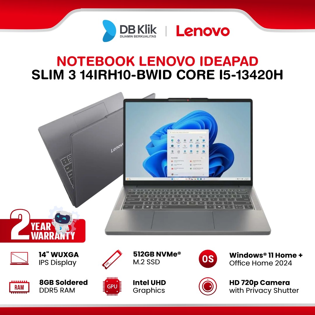 Notebook LENOVO Ideapad Slim 3 14IRH10-BWID INTEL Core i5-13420H 8GB DDR5/512 M.2 NVMe INTEL UHD Windows 11 Home + Microsoft Office Home Student 2024 14" FHD IPS - Luna Grey