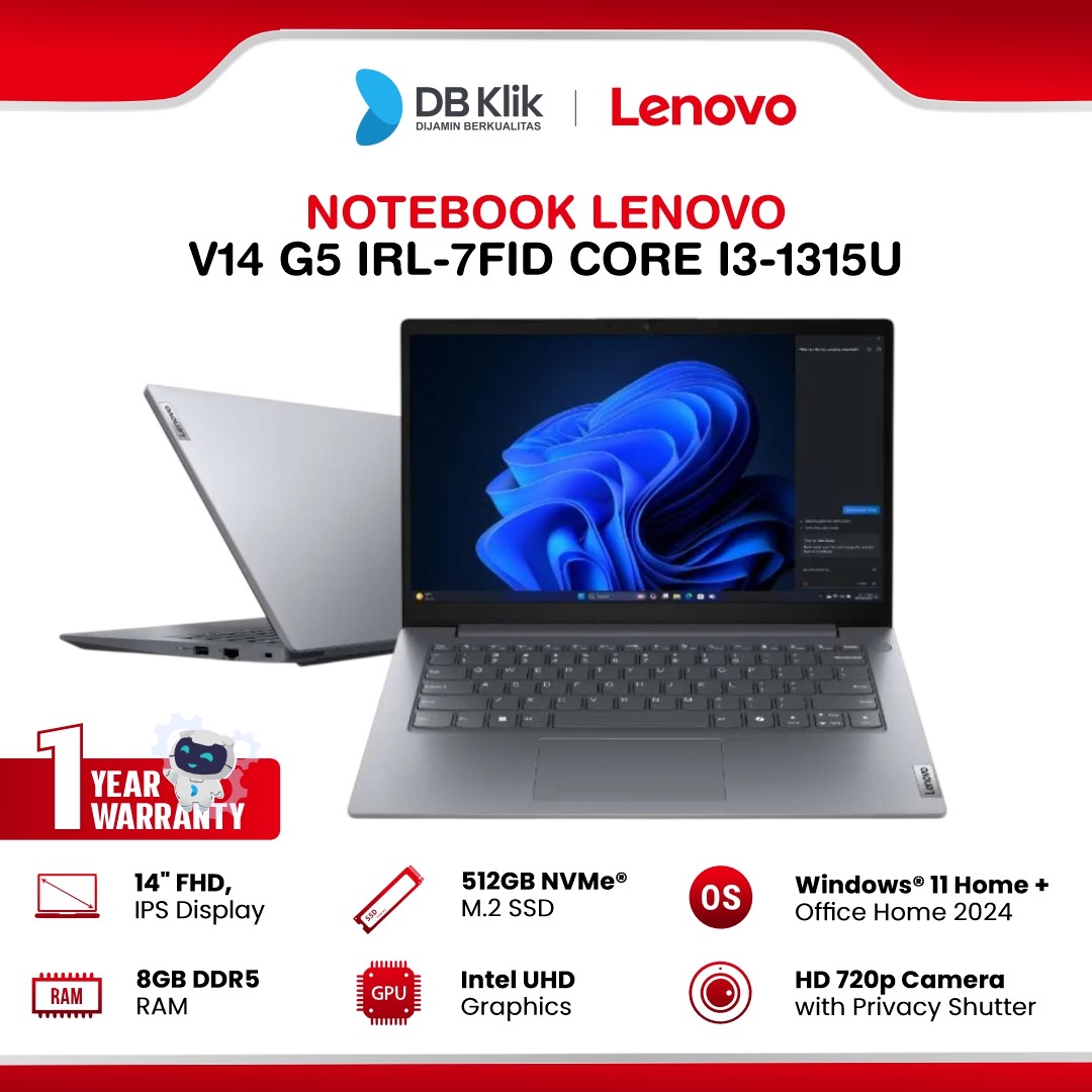 Notebook Lenovo V14 G5 IRL-7FID INTEL Core i3-1315U 8GB DDR5/512GB M.2 NVMe INTEL UHD Windows 11 Home + Microsoft Office Home Student 2024 14" FHD IPS - Luna Grey