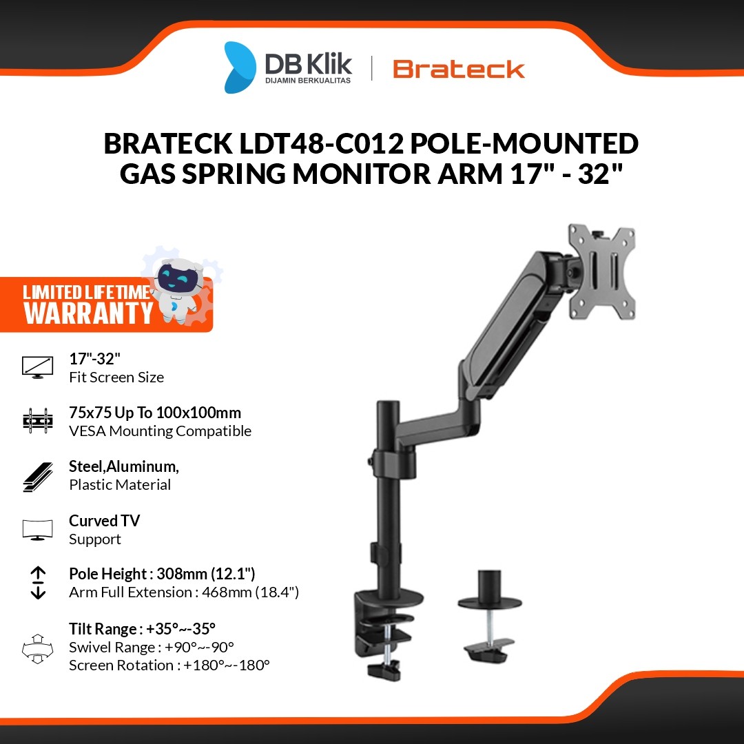 Brateck LDT48-C012 Bracket Monitor Single Pole-Mounted Gas Spring Monitor Arm for 17" - 32"