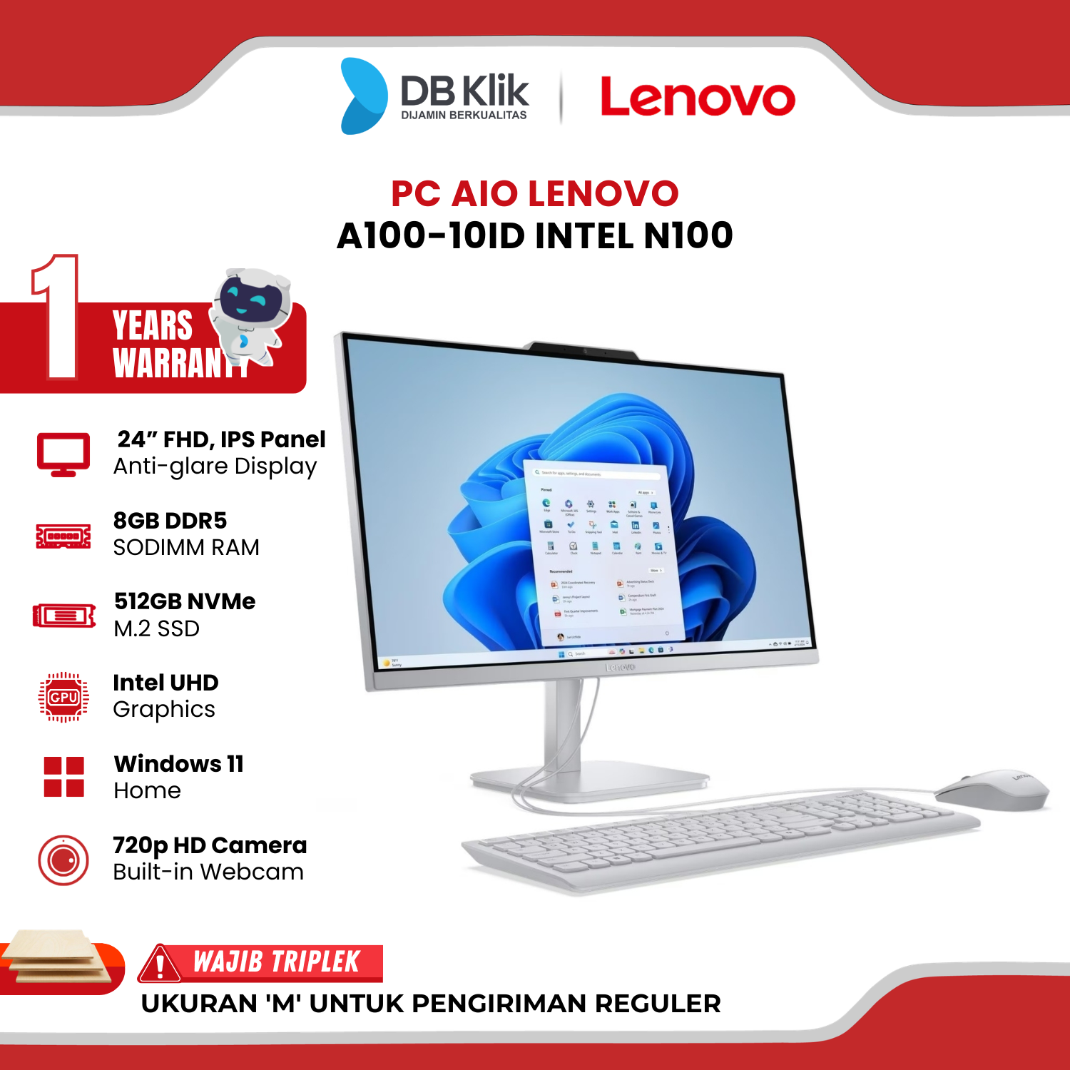 PC AIO Lenovo A100-10ID INTEL N100 8GB DDR5/512GB M.2 NVMe INTEL UHD Windows 11 Home NO OHS 24" FHD IPS - Cloud Grey