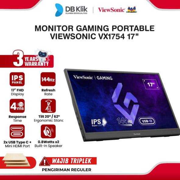 VIEWSONIC VX1754 Monitor Gaming Portable 17" IPS FHD 144Hz 4ms AMD FreeSync Built in Speaker Mini HDMI USB-C