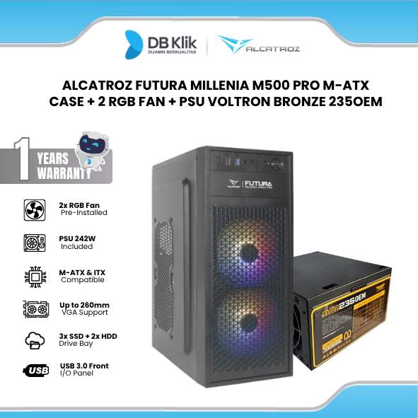 Casing PC Alcatroz Futura Millenia M500 PRO M-ATX Include Pre-Installed 2 Fan RGB + PSU Voltron Bronze 235OEM [Box Damage]