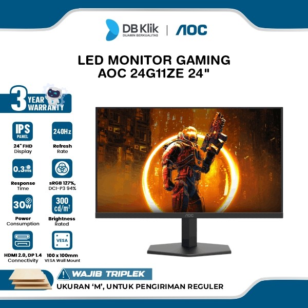 LED Monitor Gaming AOC 24G11ZE 24" Fast IPS FHD 240Hz 0.3ms Adaptive Sync HDMI DP
