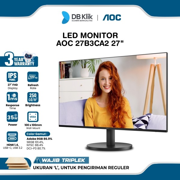 Led Monitor AOC 27B3CA2 27" Fhd 100Hz IPS 1ms AdaptiveSync Hdmi Usb C Speaker