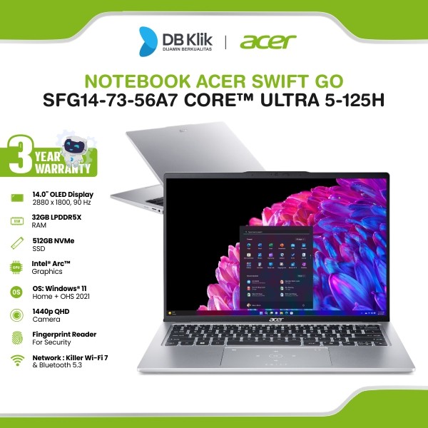 Notebook ACER Swift Go SFG14-73-56A7 Core Ultra 5-125H 32GB/512GB Windows 11 Home Office Home & Student 2021 14 Inch