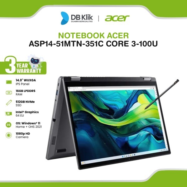 Notebook Acer ASP14-51MTN-351C Core 3-100U 16GB/512GB 14" Touch + Stylus Pen Windows 11 Home Ohs 2021 Grey