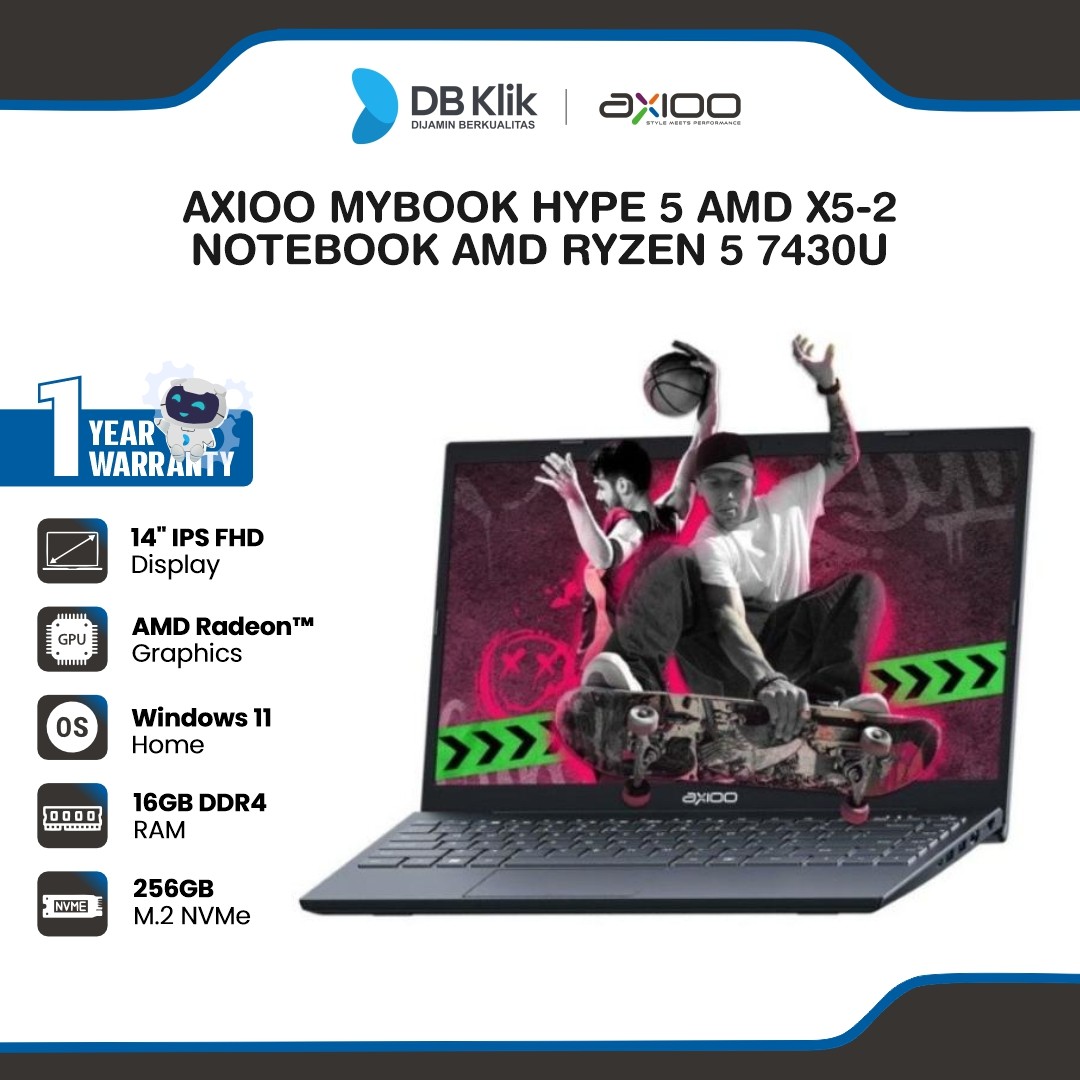 Axioo MyBook Hype 5 AMD X5-2 Notebook AMD Ryzen 5 7430U 16GB DDR4/256GB M.2 NVMe AMD Radeon Graphics Windows 11 Home 14" IPS FHD - Gray