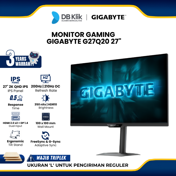 Monitor Gaming GIGABYTE G27Q20 27" 2K QHD IPS 210Hz 0.5ms AMD FreeSync + NVDIA G-Sync HDR10 HDMI DP