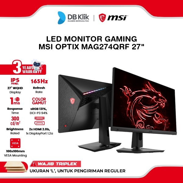 LED Monitor Gaming MSI Optix MAG274QRF 27" 165Hz WQHD HDMI DP Type C