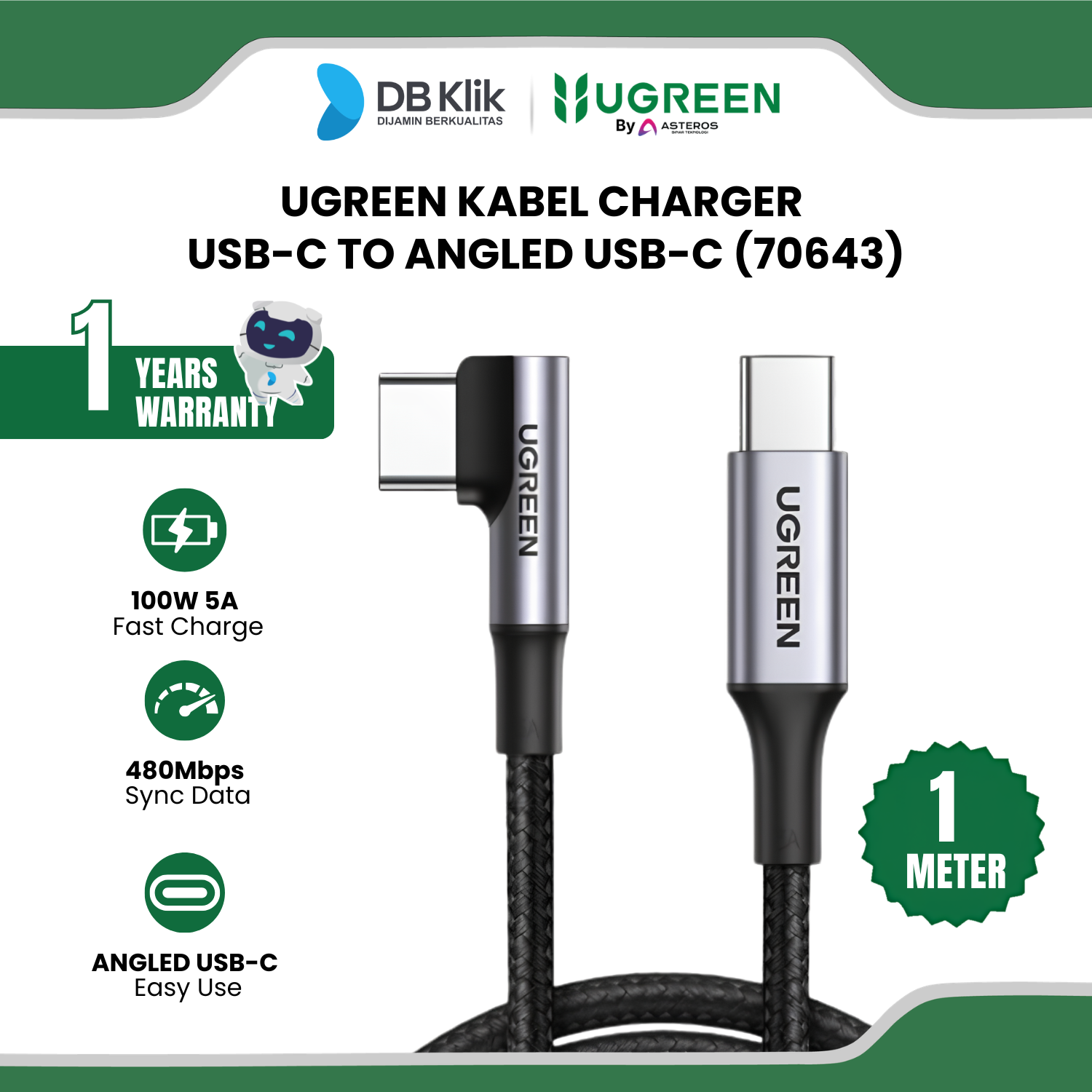 Kabel Charger UGreen USB-C to Angled USB-C 1M 5A 100W (70643)