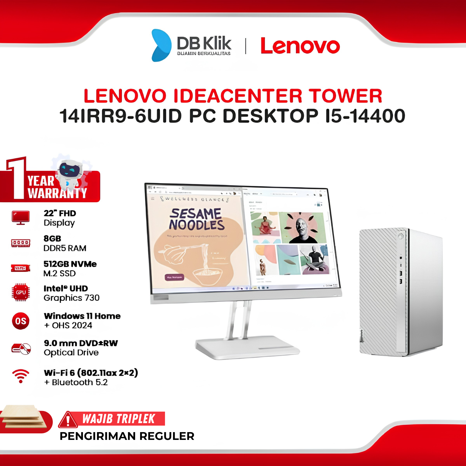 Lenovo IdeaCenter Tower 14IRR9-6UID PC Desktop INTEL Core i5-14400 8GB DDR5/512GB M.2 NVMe INTEL UHD Windows 11 Home + Microsoft Office Home Student 2024 with LED Monitor Lenovo L22-4e 22" FHD - Cloud