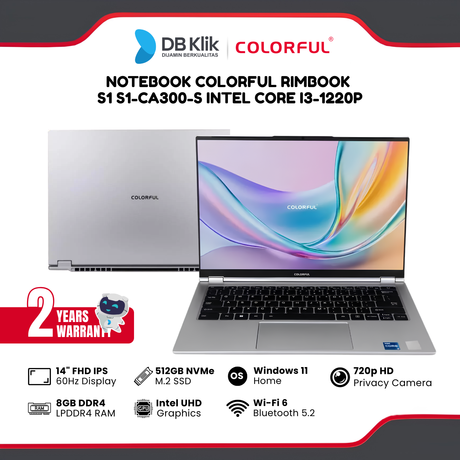 Notebook COLORFUL RIMBOOK S1 S1-CA300-S INTEL Core i3-1220P 8GB DDR4/512GB M.2 NVMe INTEL UHD Windows 11 Home NO OHS 14 inch FHD IPS - Silver