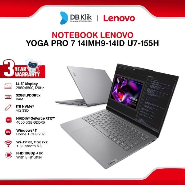 Notebook Lenovo Yoga Pro 7 14IMH9-14ID Core U7-155H 32GB 1TB Ssd VGA RTX 4050 Windows 11 Home + Office Home Student 2021 14,5" Luna Grey