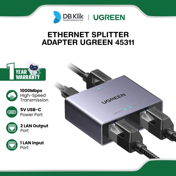 Ethernet Splitter Adapter UGreen LAN RJ45 1 to 2 1000Mbps With USB C Power Suply (45311)