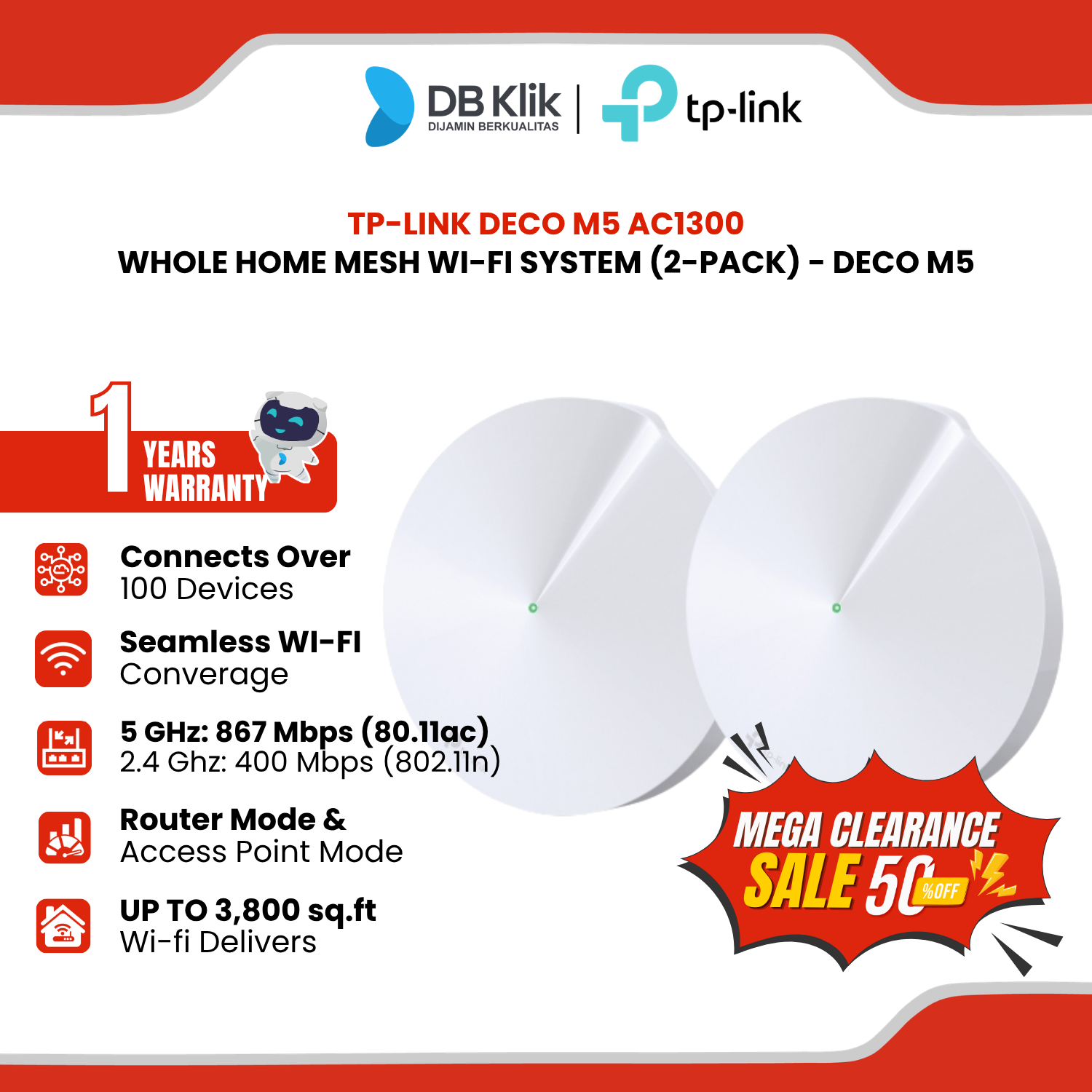 TP-LINK DECO M5 AC1300 Whole Home Mesh Wi-Fi System (2-Pack) - DECO M5