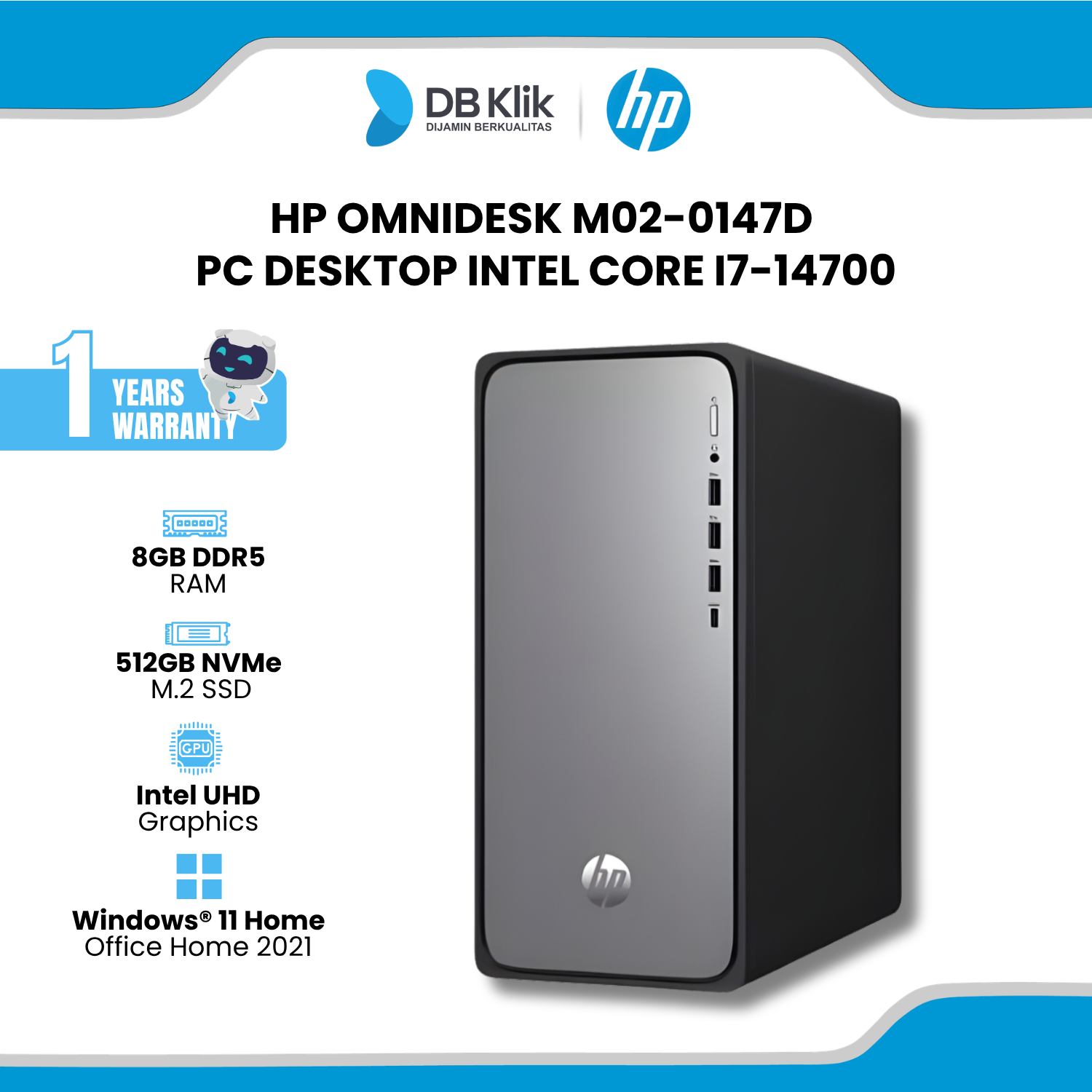 HP OmniDesk M02-0147D PC Desktop INTEL Core i7-14700 8GB DDR5/512GB M.2 NVMe INTEL UHD Windows 11 Home + Microsoft Office Home 2021 with LED Monitor HP M22F 22" FHD