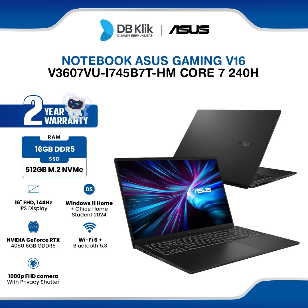 Notebook ASUS Gaming V16 V3607VU-I745B7T-HM INTEL Core 7 240H 16GB DDR5/512GB M.2 NVMe RTX 4050 6GB Windows 11 Home + Microsoft Office Home Student 2024 16" FHD IPS 144Hz - Matte Black