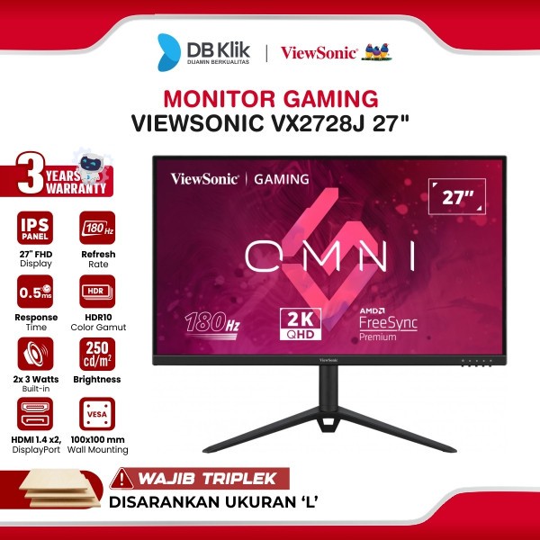 VIEWSONIC LED Monitor Gaming VX2728J - 2K 27" IPS QHD 180Hz 0.5ms AMD FreeSync HDR10 Built in Speaker Full Ergonomic Stand HDMI DP
