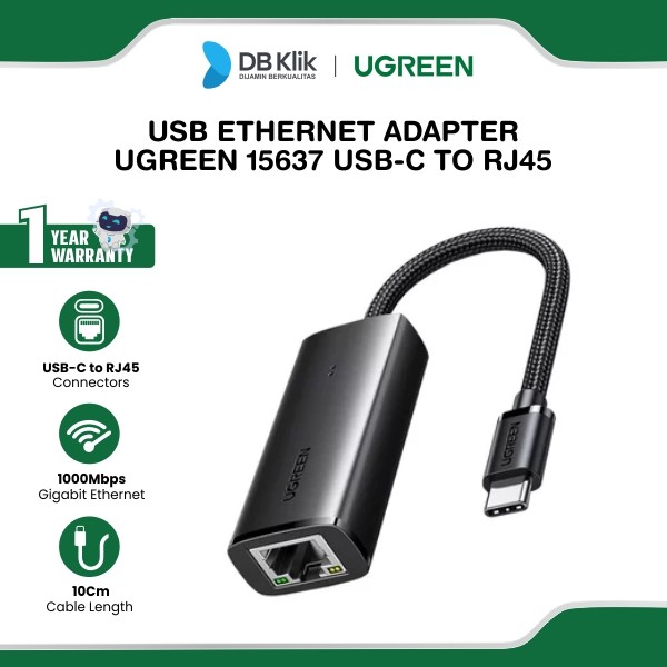 USB Ethernet Adapter UGreen USB-C to RJ45 1000Mbps - Black (15637)