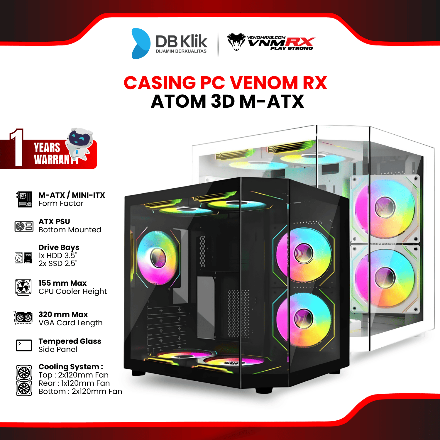 Casing PC Venom RX Atom 3D M-ATX (Pre-Installed 3 ARGB Fan)