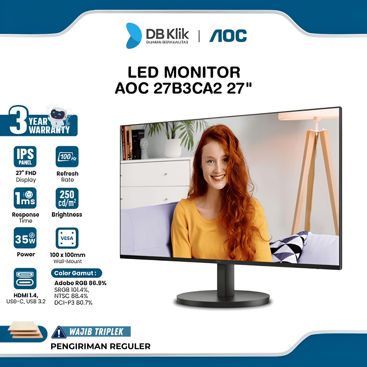 Led Monitor AOC 27B3CA2 27" Fhd 100Hz IPS 1ms AdaptiveSync Hdmi Usb C Speaker
