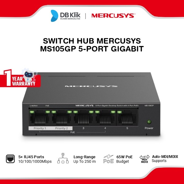 Switch Hub MERCUSYS MS105GP 5-Port Gigabit with 4-Port PoE+