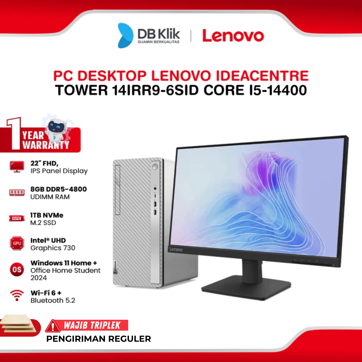 PC Desktop Lenovo IdeaCentre Tower 14IRR9-6SID INTEL Core i5-14400 8GB DDR5/1TB M.2 NVMe INTEL UHD Windows 11 Home + Microsoft Office Home Student 2024 With Monitor L22-4e 22" FHD IPS - Cloud Grey