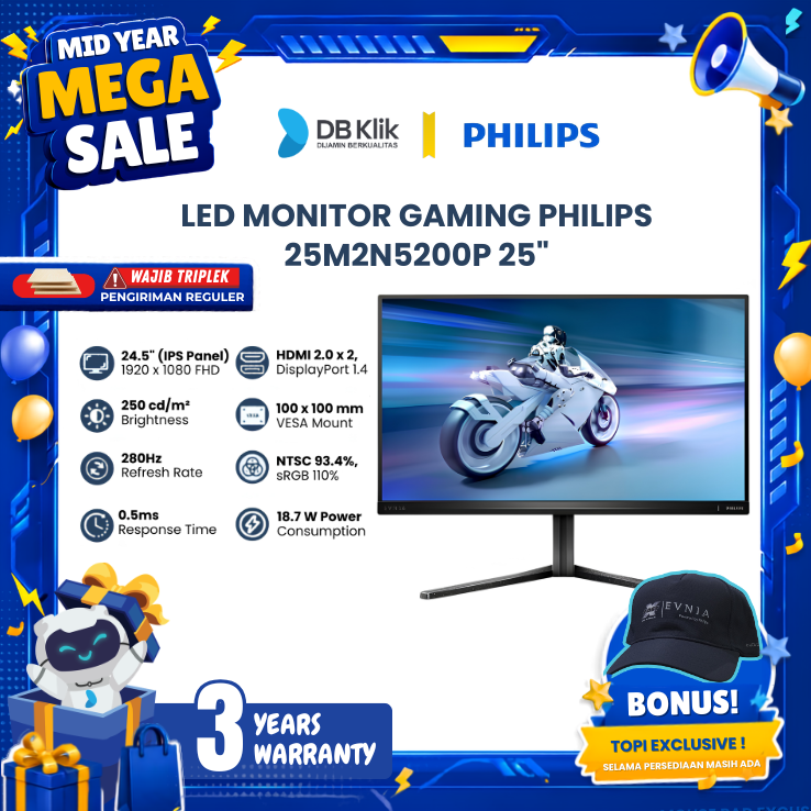 Monitor Gaming PHILIPS EVNIA 25M2N5200P 25" IPS FHD 280hz 0.5ms AMD FreeSync HDR10 Full Ergonomic Stand HDMI DP