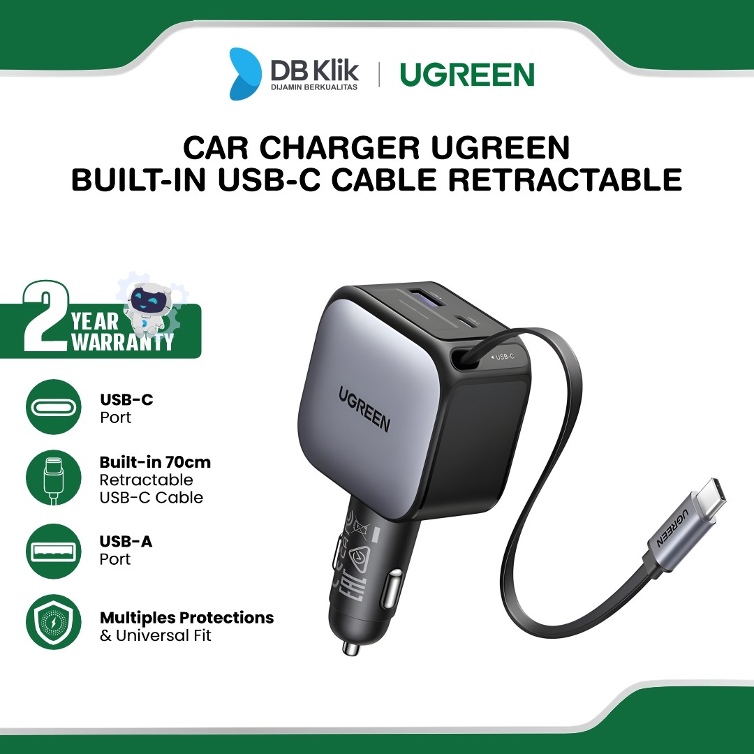Car Charger UGREEN Built-in USB-C Cable Retractable