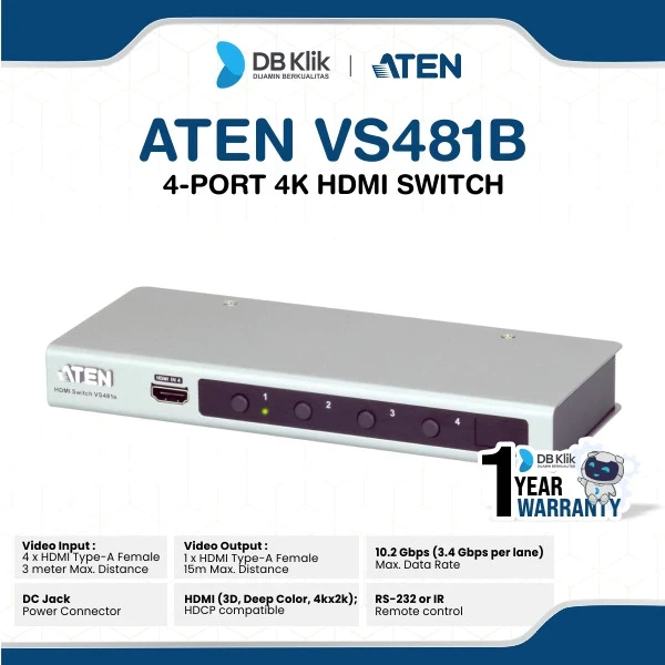 Aten VS481B 4-Port 2160p 4K 60Hz Hdmi Switch IR Remote control
