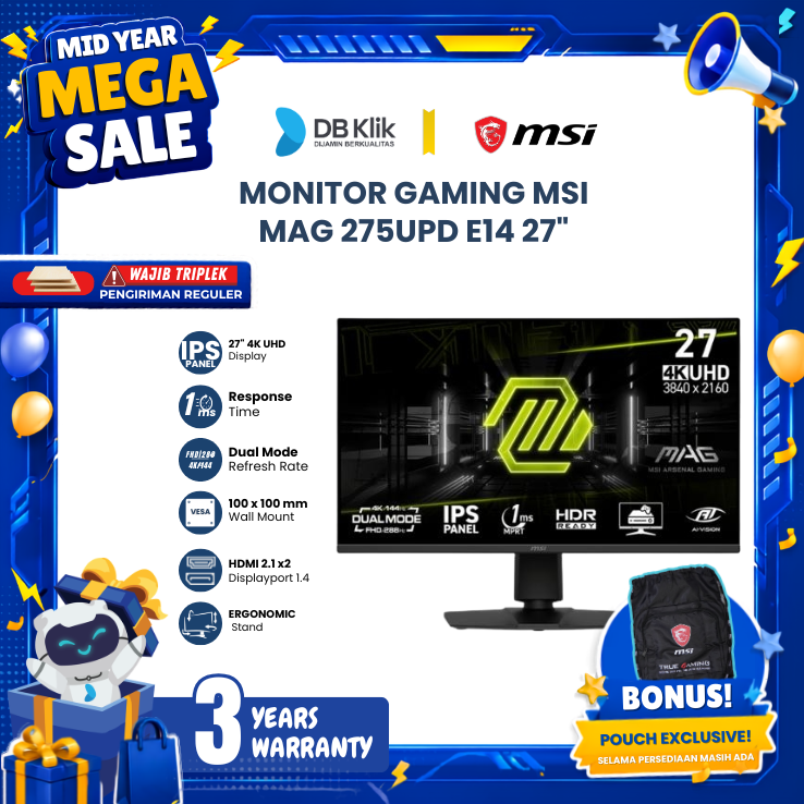 Monitor Gaming MSI MAG 275UPD E14 27" Dual Mode 4K UHD 144Hz | FHD 288Hz IPS 1ms Adaptive Sync HDR Ready Full Ergonomic Stand HDMI DP
