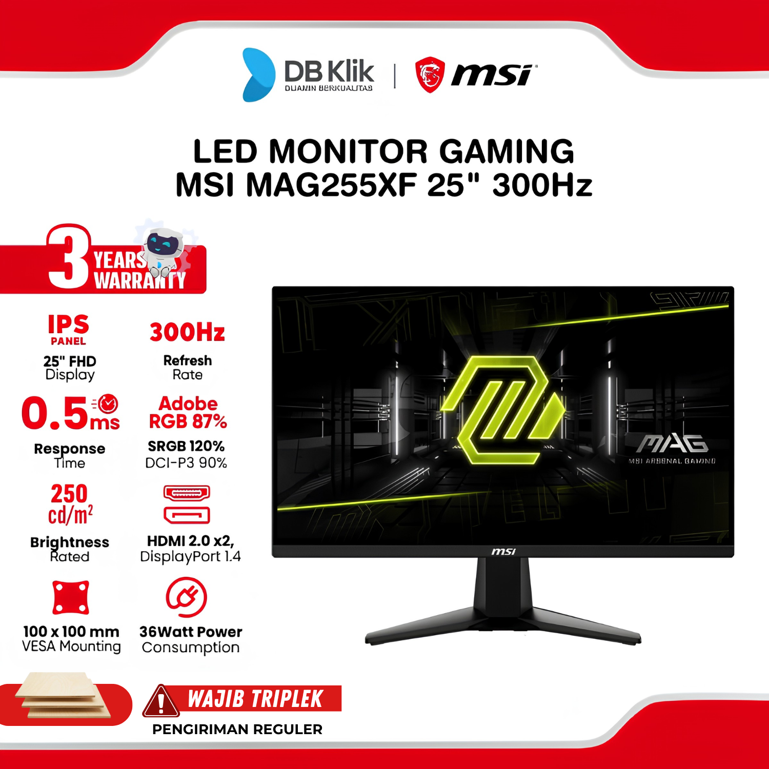 LED Monitor Gaming MSI MAG255XF 25" IPS FHD 300Hz 0.5ms Adaptive Sync HDMI DP